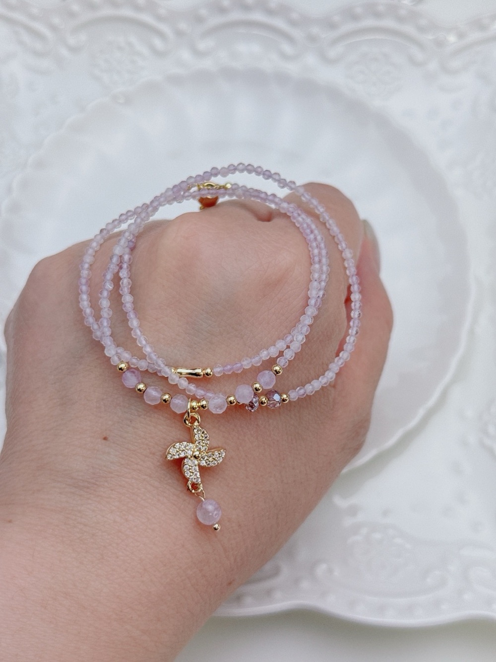 GB96 Handmade Lavender Amethyst Triple Layers Bracelet Necklace 2in1 20+5” - Picture 5 of 6